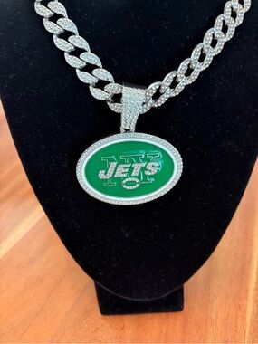 NFL Silver Cuban Chain Necklace with Green Jets Pendant